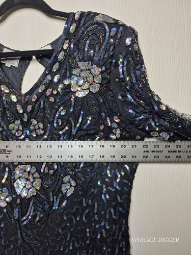 Vintage Stenay Plus Sequin Dress Womens 20 Black Floral Silk V-Neck Keyhole Back - Picture 12 of 15