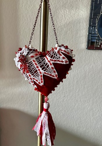 VELVET HEART, with TASSEL, beaded, RED, hanging, handmade reclaimed lace - Picture 3 of 16