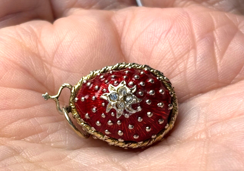 Milgrain "Strawberry" Cross Sterling Silver Vermeil Russian Enamel Egg Pendant - Picture 3 of 10