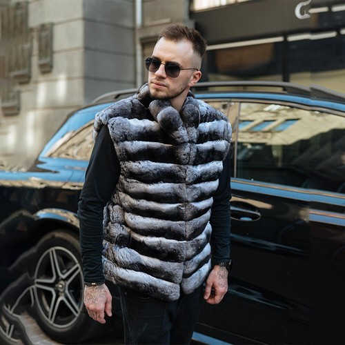 New Men 100% Real Rex Rabbit Fur Vest Coat Chinchilla Warm Gilet Thick Waistcoat - Picture 4 of 8