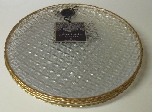 Artistic Accents Clear Glass Gold Trim Floral Set of 8 Dinner Plates New - Picture 8 of 8