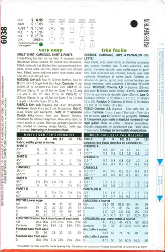 Butterick 6038 Sewing Pattern Girls Shirt Camisole Skirt and Pants 12-16 Uncut - Picture 2 of 3