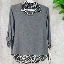 I.N. Studio Women Blouse Sz XL Gray Animal Print Layered Look Tunic Roll Tab Slv