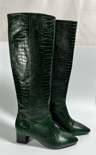 Aquatalia Green Croc Embossed Boots Tall Block Heel size 8 - Picture 1 of 7