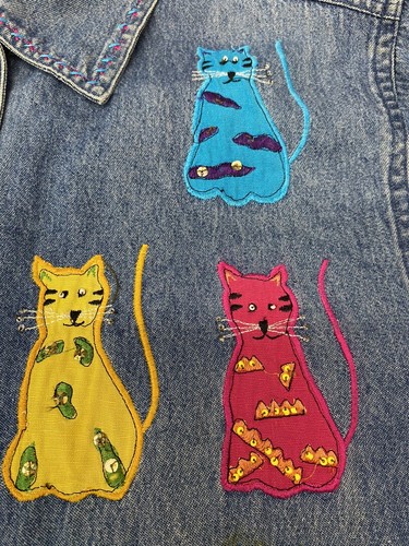 VTG 90’s Catlady Embroidered Embellished Colorful Cotton Denim Jacket PM - Picture 9 of 18