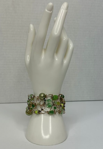 Handcrafted Cuff Bracelet 7.5in Green Beads Stiff Copper Woven Wire Hand Made - Picture 3 of 19