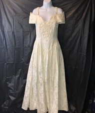 Vtg Jessica McClintock Sz 10 Wedding Formal Dress Ivory Paisley Off the Shoulder