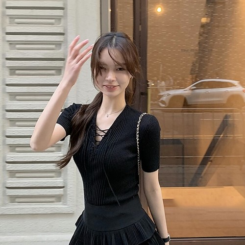 Sexy Short-sleeved Sweater For Women Pure And Sexy Slim And Elegant Top-j - Picture 2 of 13