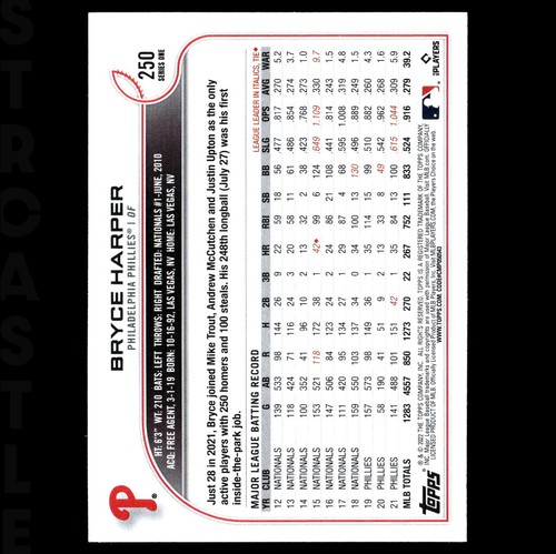 Carta Baseball 2022 Topps Bryce Harper #250 Philadelphia Phillies ⚾ - Foto 2 di 3