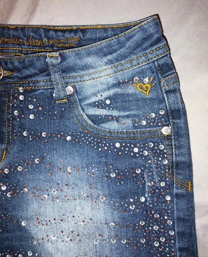 Justice Girls Shorts Size 16r Blue Denim Gemstones Frayed Cut Off Low Rise - Picture 3 of 12