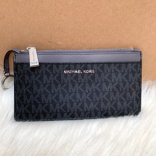 MICHAEL KORS Jet Set Viaje Negro/Gris Logo Plano Euro Tarjetero Cartera con Llavero - Imagen 12 de 15