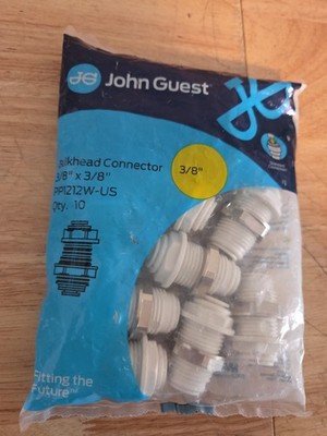 JOHN GUEST 3/8''X3/8'' WHITE BULKHEAD CONNECTOR PP1212W-US 150psi MAX  ( 10-PACK )
