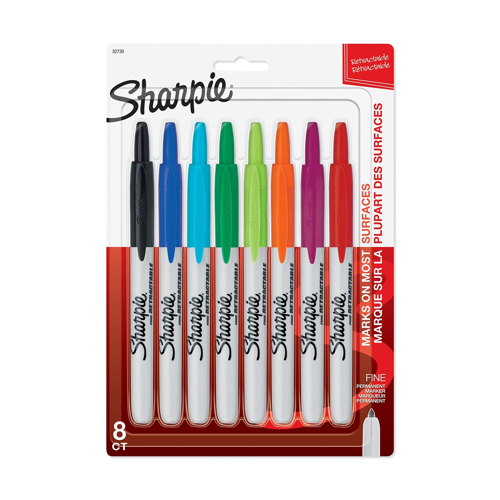 Retractable Fine Point Permanent Markers, 8 Colored Markers (32730PP)