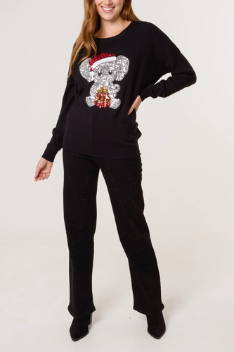 NEU DAMEN FRAUEN PAILLETTEN FESTLICH ELEFANT PULLOVER WEIHNACHTEN STRICKPULLOVER - Bild 2 von 4