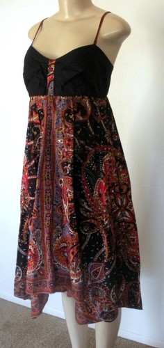 Venus M Black Blue Orange Red Paisley Asymmetrical Empire Waist Midi Sun Dress - Picture 4 of 9