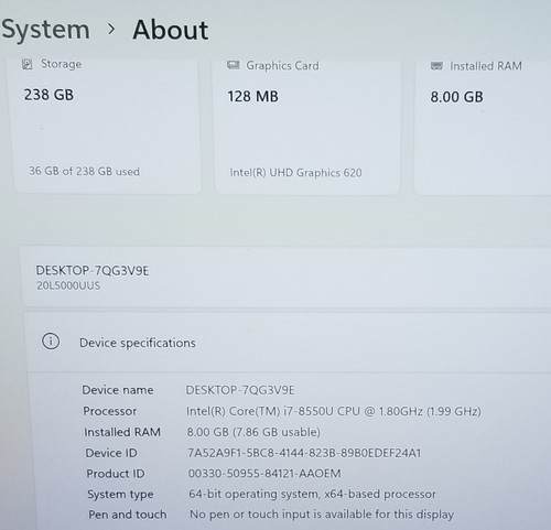Lenovo ThinkPad T480 14" FHD, I7-8550U 1,8Ghz, 8GB RAM, 256 NVMe, WIN 11 PRO - Foto 6 di 9