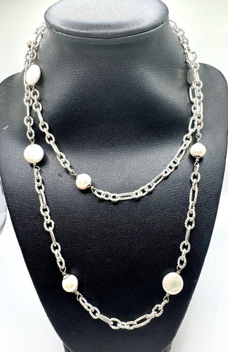 Sterling Silver Coin Pearl Large Link Heavy Chain Necklace 36” - Picture 1 of 6