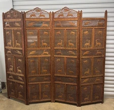 Mid-Century Carved Folding Four Panel Room Divider Screen
