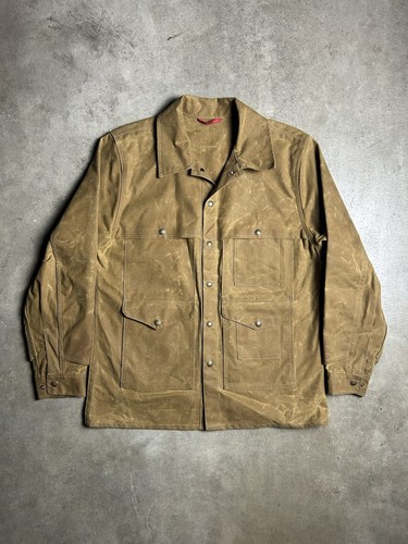 Vintage FILSON hellbraune gewachste Jagdkreuzerjacke aus Blech Mantel USA Größe Medium