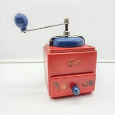 Vintage Red Wooden Coffee Grinder Hand Crank Mill Primitive Kitchen (1900's Era)