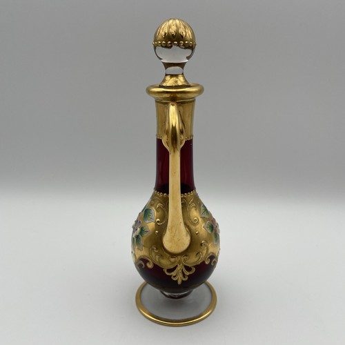 Small Decanter & Wine bottle Murano Venice Italy 24KT Gold Leaf Dark Red 6.5" - Picture 6 of 14