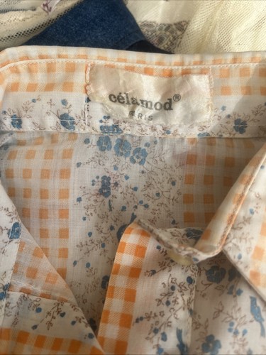 True Vintage 70s Gingham/floral Dagger Collar Cropped SHIRRED Blouse 10/12 - Picture 9 of 12