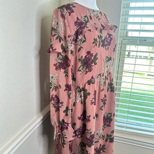 Ann Taylor LOFT Pink Floral Tie Cuff Ruffle Trim Dress Size 4 Spring Summer - Picture 2 of 13
