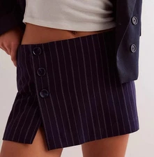Free People Kennedy Skort Size 14 Navy Pinstripe Buttons Grunge 90s Y2K