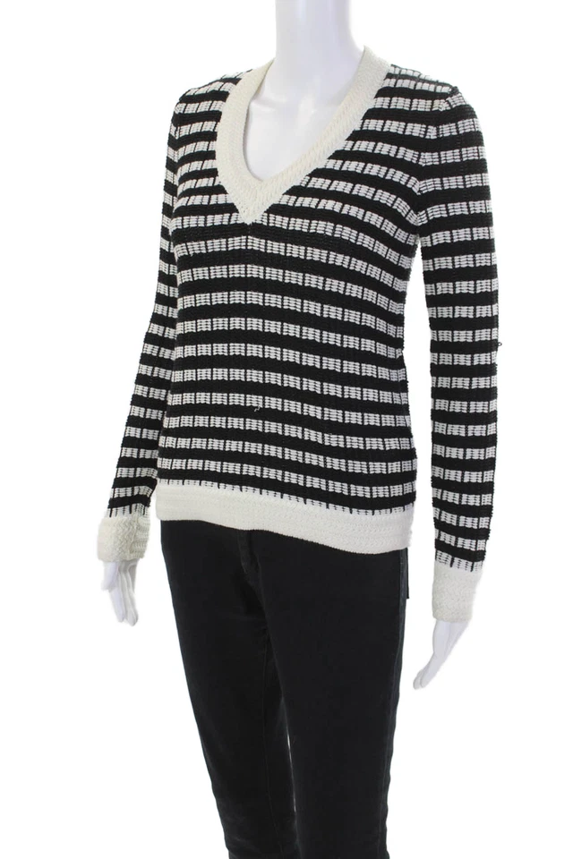 Женский свитер Joseph в полоску с V-образным вырезом черный белый хлопок размер очень маленький - Изображение 2 из 4