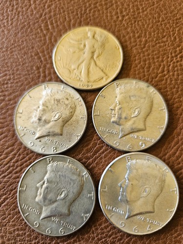 1964 kennedy half dollar/1966/1968/1969/AND A WALKING LIBERTY 1944 ALL SILVER