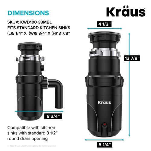 Kraus KWD100-33 WasteGuard 1/3 HP Continuous Garbage Disposal - Black - Picture 7 of 12