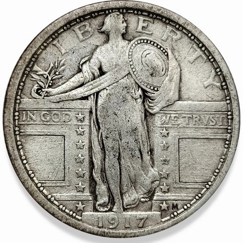 1917-P Type 1 T1 Standing Liberty Quarter Fine F+ Rare Key ORIGINAL  1917P