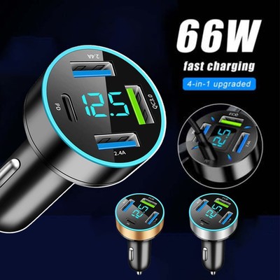 66W 4Ports USB Car Charger Fast Charging PD Quick Charge USB C Car Phone 12-24V