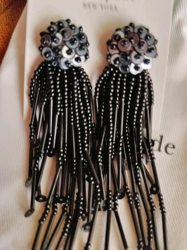 Kate Spade NWT Glitzville Black Sequin & Beaded Tassel Earrings with Dustbag - Picture 4 of 8