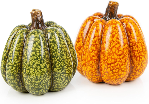 2 Decorazioni a Forma Di Zucca in Ceramica Color Arancione Verde Marrone Decoraz - Foto 12 di 12