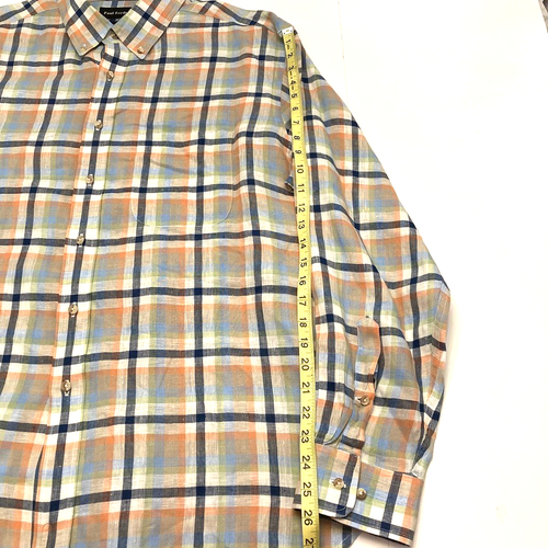 Paul Fredrick Linen Button Down Shirt Mens XL Classic Fit Plaid Orange Blue - Picture 7 of 7
