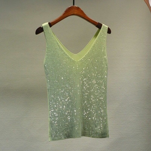 Ladies Camisole Tank Top Crystal Glitter Bling Deep V Neck Vest Tops Blouse - Picture 14 of 23