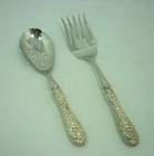 Kirk Stieff Rose Floral Repousse Sterling 925 Handle Serving Spoon & Fork 22C003