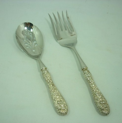 Kirk Stieff Rose Floral Repousse Sterling 925 Handle Serving Spoon & Fork 22C003