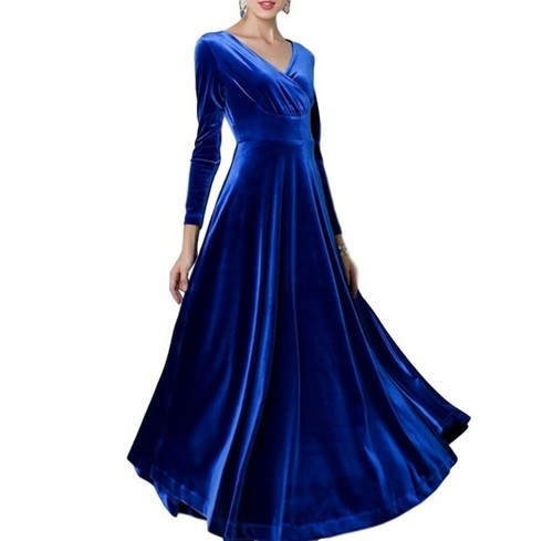 Women V-neck Long Sleeve Velvet Dress Full Length Party Gown Ball Fall Winter B - Picture 25 of 28