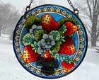 STRAWBERRIES & FLOWERS Round Glass Sun Catcher Red Hand Painted AMIA 4.5” 🍓
