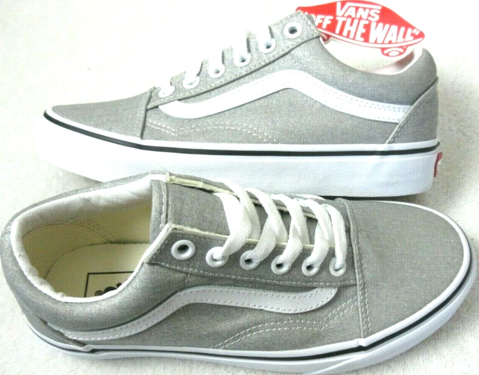 范斯女式 Old Skool 银色闪亮真白色帆布溜冰鞋 6 码全新带盒 — 第 2/4 张图片