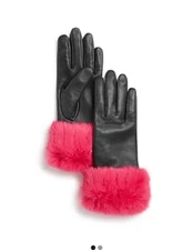 Size 7 Aqua women's Leather with Rabbit Fur Cuff Tech Gloves Black  / Pink