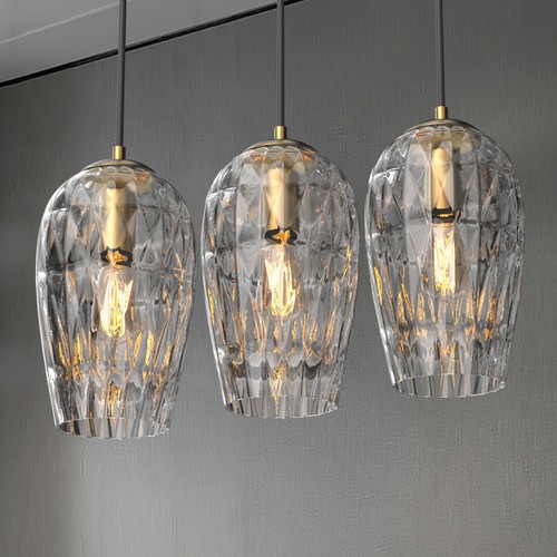 3X Kitchen Glass Pendant Light Clear Bar Chandeliers Hammered Glass w/ 25W Bulb - Picture 2 of 9