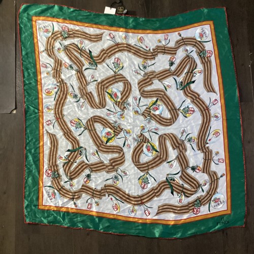 Vintage FENDI Seidentuch Bambus & Blumendruck in Pfirsich Orange & Gold Farbe 34" - Bild 6 von 6