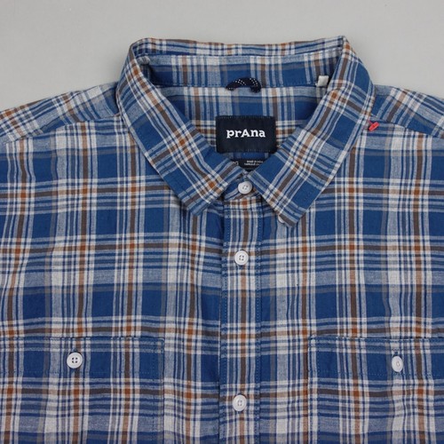 Prana Button Up Shirt XL Blue Plaid Organic Cotton Casual Mens - Picture 4 of 11
