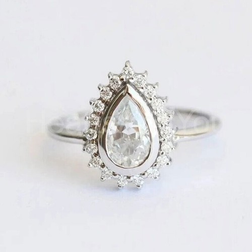 1.33ct Pear Simulated Diamond Bezel Set Halo Wedding Ring 14k White Gold Plated - Picture 2 of 6