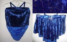 Baton Dance Ice Skating leotard skirt 2 piece Royal Blue w swirls Girls 14 16