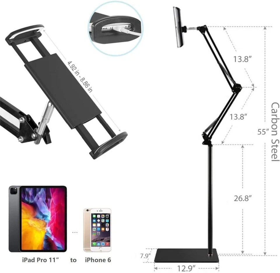 Universal 360 verstellbarer Bodenständer Halter für Tablet/iPad/Telefon Größe 3,5-12,9"