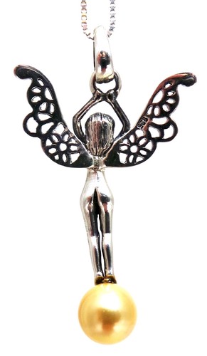 925 Sterling Silver Magical Fairy Pendant Made with Swarovski Gold Pearl 1.69" - Picture 2 of 3